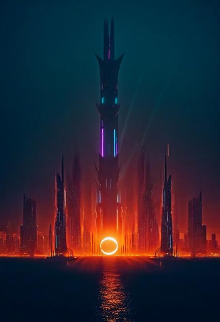 BREAK Lunar Sunrise ,  futuristic metropolis, (Cyberpunk future theme, tall energy towers, Miami Beach:1.37)