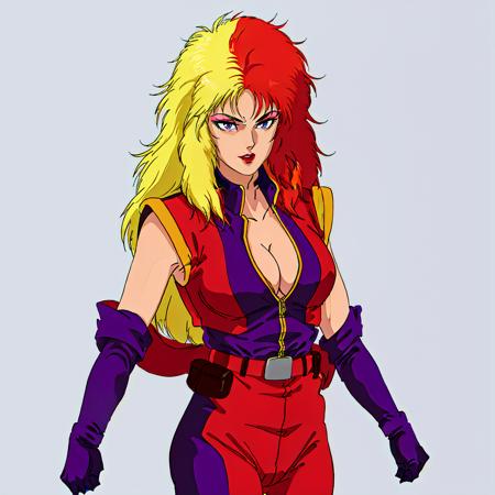 <lora:charasoon001:0.7>,
chara_soon,1woman,long hair,multicolored hair,two-tone hair,split-color hair,blonde hair,red hair,grey eyes,makeup,lipstick,cleavage,breasts,
jacket,bodysuit,open clothes,sleeveless,elbow gloves,purple gloves,belt,