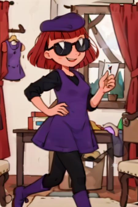 highest quality, highest quality visuals, highest details, <lora:Judy Funnie V2:0.75> judy_funnie, red hair, sunglasses, shaved sides of head, purple beret, purple dress, black undershirt, indoors, smile, black stockings, day time,