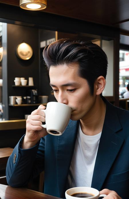 a man drinking coffee at a Shibuya cafe