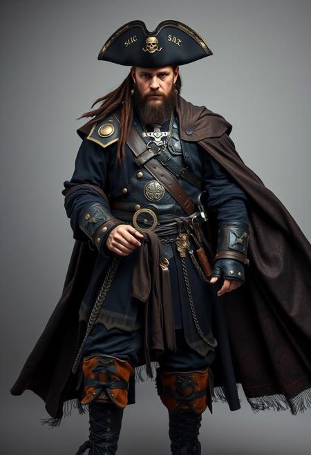 a pirate captain, full shot, handsome, heroic, epic, iron and leather armour, dark clothes, oriental damask ornaments, long cape, in the style of restrained palette, distressed materials, realistic color schemes, hieratic visionary, figura serpentinata, nicola samori, bold yet graceful , pirate boots, alexander McQueen fashion costume style, light grey background studio