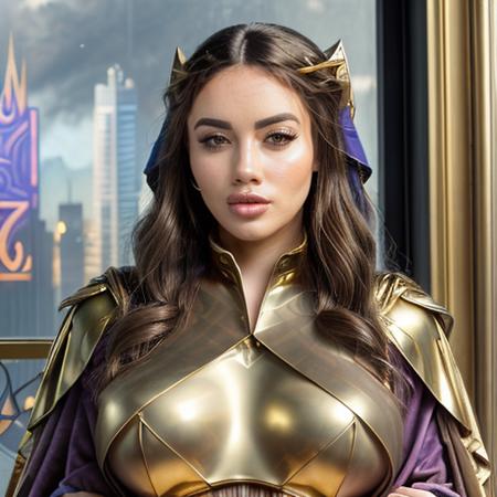 (desaturated) Victorian era impressionist painting of vic jun as a sexy ((cyberpunk)) priestess standing by a window, ((detailed cyberpunk city in the background)),  ((muscular body)), perfect face, (exposed breasts), full plump lips,  pointy nose, ((intricate cyberpunk details)), ((dressed in shiny golden metallic cloak), highly reflective metal, gold and blue hue, art by (((Evelyn de Morgan))) and [[Alphonse mucha]] and [[Raphael]], (muted colors), <lora:Victoria_june_lora-000006:0.2>