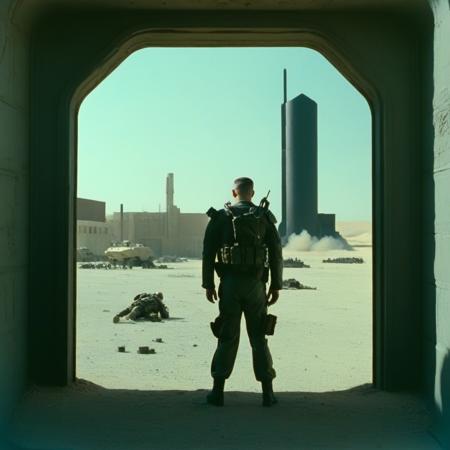 wide shot of a cyberpunk man
fiaf, frame in a frame, military, war zone, frame in a frame,  clean single, wide shot, exterior, day, Stanley Kubrick, Arriflex 35 BL
 <lora:FIAF_Frame-In-A-Frame:1.0>