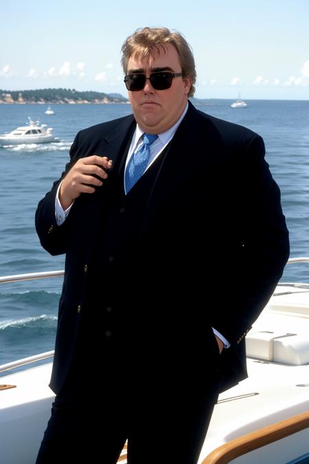 Sunglasses, John Candy, Simple background, Suit, boat, ocean, cigar <lyco:JohnCandy-V1-000020:1.0>