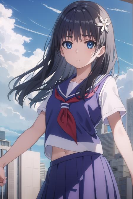 satenruiko, <lora:ruiko saten s3-lora-nochekaiser:1>, 
saten ruiko, black hair, blue eyes, long hair, hair ornament, flower ornament,
BREAK blue skirt, pleated skirt, sakugawa school uniform, school uniform, serafuku, skirt, summer uniform,
BREAK outdoor, city, sky, sun, clouds,
BREAK looking at viewer, (cowboy shot:1.5),
BREAK <lyco:GoodHands-beta2:1>, (masterpiece:1.2), best quality, high resolution, unity 8k wallpaper, (illustration:0.8), (beautiful detailed eyes:1.6), extremely detailed face, perfect lighting, extremely detailed CG, (perfect hands, perfect anatomy),