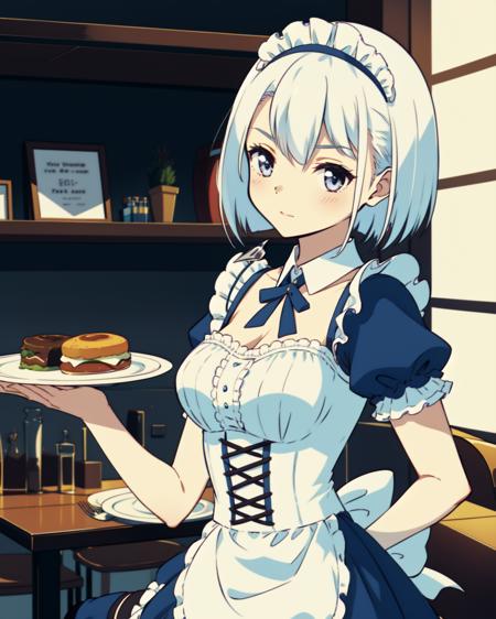 masterpiece, high quality, mgrcnagitan, 1girl, indoors, cafe, day, close shot, upper body, (dynamic pose), white hair, grey eyes, blue with white maid outfit with white apron, blue bowtie, white collar, bow-tied ribbon on back, maid hand wrappings, maid hair ornament, zettai ryouiki, black thighhighs, holding plate with dishes, <lora:mgrcnagitan-000006:0.8>