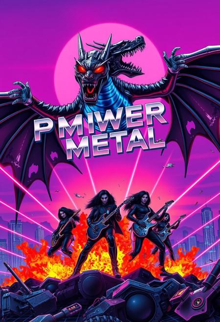 metallic chrome text logo reading "POWER METAL" with dragon wing decorations, ,epic retro-futuristic metal band scene, cyberpunk dragon with chrome metallic scales and glowing red eyes hovering menacingly in synthwave purple sky, band members in black cyber-punk battle suits with neon blue accents, wielding electric guitars like weapons, explosive orange and red flames erupting from ground, retro grid background in purple and blue gradients, laser beams shooting across scene in bright neon colors, , 80s style science fiction aesthetic, band members in dynamic action poses floating in air, cybernetic armor details with glowing elements, retrowave sunset colors, chrome and metal textures throughout, intense energy effects and electrical sparks, massive explosions with debris, synthwave technological details, futuristic city silhouettes in background, chrome metallic finish on all mechanical elements, aggressive action-packed composition, neon light trails, retro-futuristic visual style, chrome dragon with mechanical parts, synthwave atmosphere with laser grid effects,Cyberpunk_FutureEvoLab