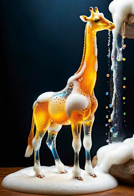 macro photo, a beautiful translucent glass giraffe that glows within, glowing lights, beautiful waterfall , made out of multicolored transparent delicate glass, magical sparkles,vibrant whimsical colors <lora:ral-beer:1> made of ral-beer
