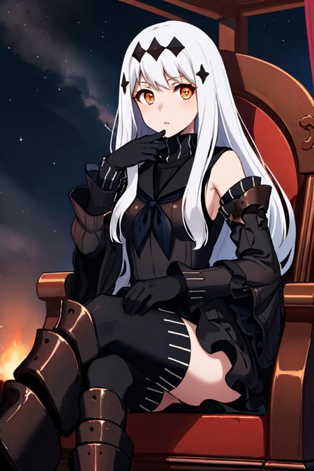 kcacwateroni, white skin, hair ornament, red / orange eyes black dress, sailor dress, detached sleeves, gloves, thighhighs, armored boots