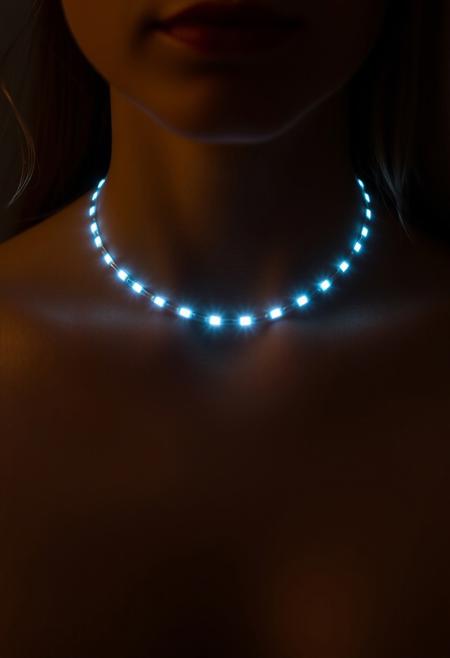 subdermal LED halo necklace, (internal LED glow:1.7), (embedded LEDs:1.8) forming evenly spaced glowing rings beneath the skin, (radiant circular light patterns:1.6) surrounding the neck, soft, diffused light radiating outward from the collarbone, (delicate glowing halos:1.6) mimicking the elegance of a classic halo necklace, (natural skin tone:1.5), high-definition, (ultra-realistic skin texture:1.8), smooth light transitions, seamless integration of light beneath the skin, (no visible jewelry:1.8), (worn necklace:-1.8), (chains:-1.8), perfect for formal and casual settings, modern and timeless elegance, radiant yet minimalist design