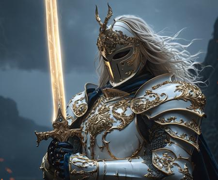cinematic still A stunning, highly detailed dark fantasy full body illustration of a proud angelical warrior wearing intricate medieval white HKStyle armor and an epic white ornamented mask, holding a great golden glowing sword, golden and blue glooming eyes, very wide shoulders, wearing big gauntlets, epic composition. The warrior stands heroic with a flowing cloak and white hood during a storm with foggy gloom, thunderclouds in the background . The scene depicts him with brooding emotional agony , style by Greg Rutkowski, by Milo Manara and Russ Mills, with insanely intricate details and textures, gloomy dramatic lighting, 8K resolution . emotional, harmonious, vignette, 4k epic detailed, shot on kodak, 35mm photo, sharp focus, high budget, cinemascope, moody, epic, gorgeous, film grain, grainy, (masterpiece), (best quality), (ultra-detailed), A stunning, highly detailed dark fantasy full body illustration of a proud angelical warrior wearing intricate medieval white HKStyle armor and an epic white ornamented mask, holding a great golden glowing sword, golden and blue glooming eyes, very wide shoulders, wearing big gauntlets, epic composition. The warrior stands heroic with a flowing cloak and white hood during a storm with foggy gloom, thunderclouds in the background . The scene depicts him with brooding emotional agony , style by Greg Rutkowski, by Milo Manara and Russ Mills, with insanely intricate details and textures, gloomy dramatic lighting, 8K resolution, illustration, disheveled hair, detailed eyes, perfect composition, moist skin, intricate details, earrings, by wlop, A stunning, highly detailed dark fantasy full body illustration of a proud angelical warrior wearing intricate medieval white HKStyle armor and an epic white ornamented mask, holding a great golden glowing sword, golden and blue glooming eyes, very wide shoulders, wearing big gauntlets, epic composition. The warrior stands heroic with a flowing cloak and white hood during a storm with foggy gloom, thunderclouds in the background. The scene depicts him with brooding emotional agony, style by Greg Rutkowski, by Milo Manara and Russ Mills, with insanely intricate details and textures, gloomy dramatic lighting, 8K resolution, beautiful detail, winning relaxed, complex, iconic, cute, cinematic, fine balance, pretty, awesome deep vibrant colors, ambient dynamic, strong