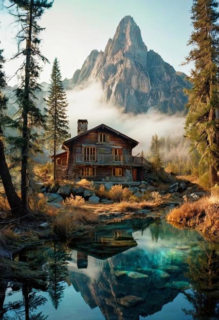(by Ellen Jewett:1.5), (Bioluminescent Impressionism, The Dreamland), their peaks veiled in mist. mixed media, surrealism, great lighting, A surreal landscape highly detailed . extremely high-resolution details,  appears trapped in an optical illusion of reflections and refractions colorful , mountain cabin, professional photography, natural lighting, volumetric lighting maximalist. intricately detailed, complex, elegant, expansive, fantastical, film photography style,  medium grain,  <lora:MJ52:0.3>  <lora:SDXLFaeTastic2400:0.4>  <lora:EpicF4nta5yXL:0.7>.ethereal landscapes, depth of field, biotech emotion:1.3) <lora:xl_more_art-full_v1:0.5> <lora:add-detail-xl:1> <lora:RMSDXL_Creative:2>