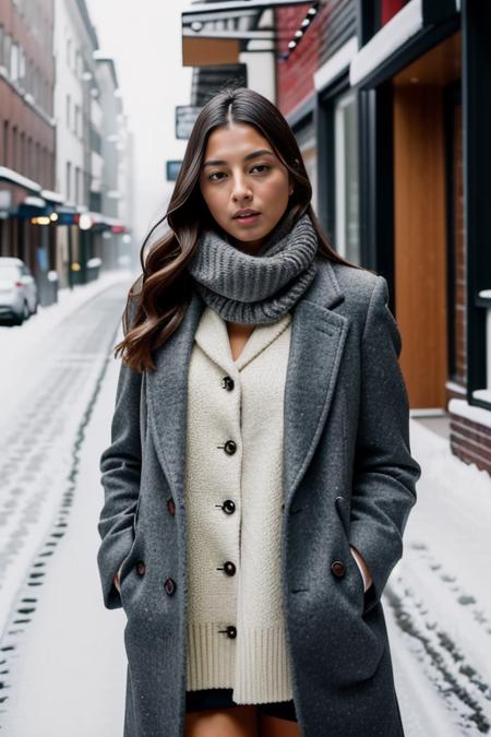 JessicaGomes professional portrait photograph of in winter clothing with short hair, freckles, beautiful symmetrical face, cute natural makeup, wearing elegant winter fashion clothing, ((standing outside in snowy city street)), stunning modern urban upscale environment, ultra realistic, concept art, elegant, highly detailed, intricate, sharp focus, depth of field, f/1. 8, 85mm, medium shot, mid shot, (centered image composition), (professionally color graded), ((bright soft diffused light)), volumetric fog, trending on instagram, trending on tumblr, hdr 4k, 8k<lora:JessicaGomes:1.0>