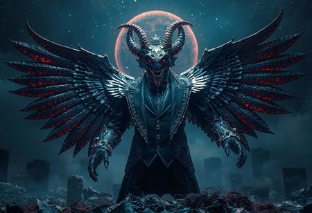 "Create a 4K, hyper-detailed, photorealistic rendering of Kim Deuk-sin's conceptualized 'Garbage Ogre in a Purity of the Cemetery' featuring an ornate tuxedo and huge symmetrical wings. Include dark blue and red tones, a cosmic void background, and chrome spacetime details. Aim for a multi-dimensional, chrome appearance, and draw inspiration from Egyptian patterns and polished elements. Consider post-processing to achieve a sublime, cool, badass, and hyperadvanced aesthetic."