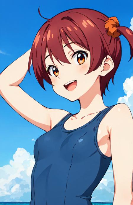 short hair, hair ornament, small breasts, twintails, brown eyes, red hair, ahoge, hair scrunchie track jacket, red shoes, red buruma blue school swimsuits white school uniform, long sleeves, white shorts, short shorts, black socks, red shoes