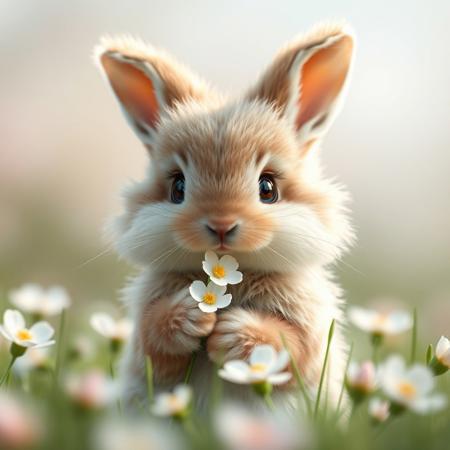 A cute fluffy bunny holding a delicate flower, soft lighting, highly detailed fur, big expressive eyes, in a spring meadow, pastel color palette, shallow depth of field, whimsical and gentle atmosphere, ultra realistic, 4k resolution, photorealistic style"
