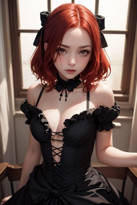 (masterpiece, best quality), 1girl, red hair, medium chest, gothic frill dress, pervert face, <lora:add_detail:1>