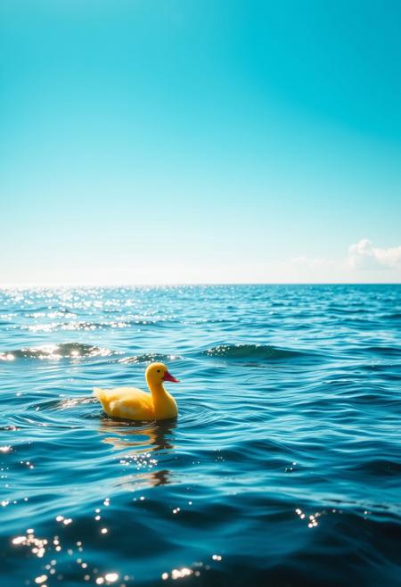A vibrant yellow duck floats confidently on a vast, shimmering sea under a bright blue sky. Gentle waves ripple around it, reflecting the golden sunlight. In the distance, a faint horizon line blends with fluffy white clouds, creating a serene yet playful scene.