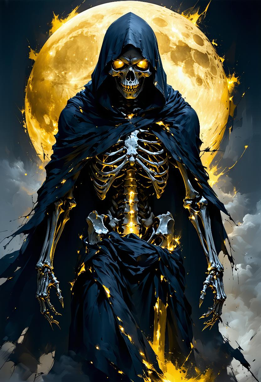 A highly detailed digital artwork depicting a menacing skeletal figure with a menacing expression, the figure is dressed in a dark hooded cloak that covers its face and its skin is covered in a shiny metallic texture that reflects the light giving it a metallic sheen, the mask is intricately designed with a skull-like face that appears to glow with a golden hue adding a surreal and otherworldly quality to the scene, the background is a chaotic, abstract mix of dark and light colours with splashes of yellow and black creating a sense of chaos and destruction, the figures are dressed in form-fitting metallic armour with intricate patterns and textures enhancing the sense of power and danger, the overall composition is dynamic and intense with the presence of the figure dominating the frame drawing the viewer's attention to its menacing presence, the artwork is rich in detail with an emphasis on texture and depth making it a visually striking and immersive piece arts