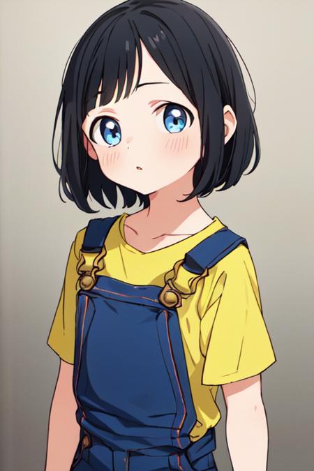 masterpiece, highres, 1girl, lilttle girl, short hair, blue eyes, black hair, <lora:KaoAkebiR4:0.7>, KaoAkebiR4, overalls, simple background, red background, upper body,