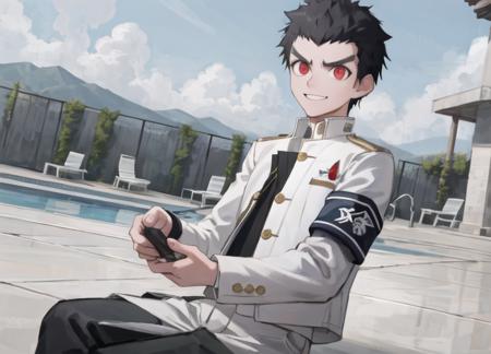 masterpiece, best quality,<lora:kiyotan_vB:0.44>, 1boy, thick eyebrows, red eyes, black hair, very short hair, white jacket, white_pants, long sleeves, armband, ((poolside)), blue sky, happy_smile