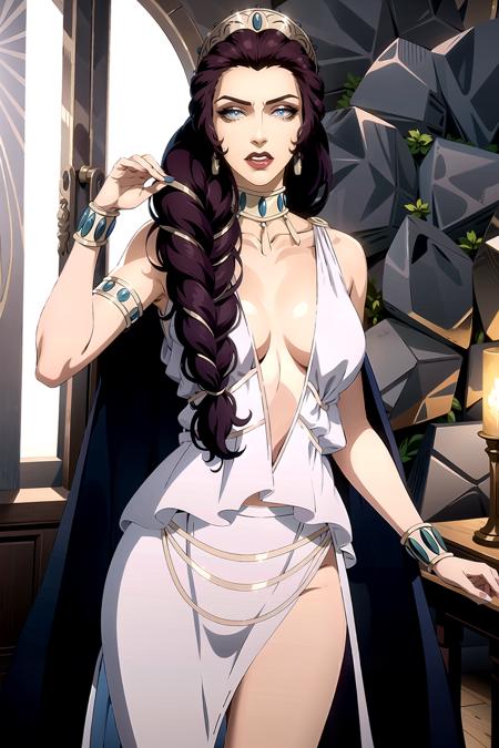 masterpiece, best quality,  (upper body:0.5), solo,     <lora:CARTOON_Hera_bloodofzeus_aiwaifu:0.8>,      Hera_bloodofzeus_aiwaifu,aiwaifu,long_hair,jewelry,earrings,makeup,lipstick,blue_eyes,braid,purple_hair,breasts,dress,bracelet,single_braid,eyelashes,hoop_earrings,cape,very_long_hair,cleavage,eyeshadow,armlet,two-tone_hair,choker,asymmetrical_hair,long_skirt,side_slit,armband,bangle,blue_dress,                realistic, photo-realistic,specular details,ultra-detailed, highly detailed, well defined objects,  8k uhd, dslr, soft lighting, high quality, Fujifilm XT3, (high detailed skin:0.3), (absurdres, highres, incredibly_absurdres:0.2),scenery,masterpiece,