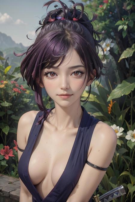 (best quality:1.1), (masterpiece:1.2), portrait,
1girl, yuzuriha_(jigokuraku), purple hair, brown eyes, ninja, open clothes, cleavage, small breasts, topknot, medium hair, breasts apart, white obi, smirk, outdoors, (blush:1.1), flowers,
<lora:Kizuki - Jigokuraku - Yuzuriha[yuzuriha_(jigokuraku),purple hair,brown eyes,ninja,small breasts]:1>,  <lora:pureInnocentGirl_v10(Pure_Innocent_girl):0.7:BG>, Pure_Innocent_girl, pureerosface_v1, (face closeup),  pov, (((depth of field))), pale and lustrous skin,