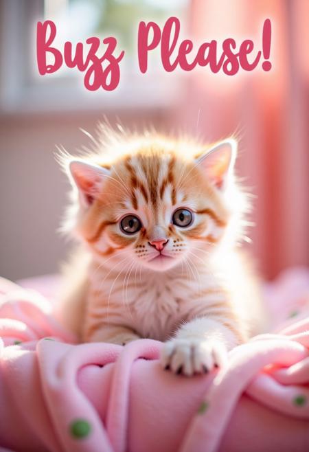 a fluffy pink kitten on the cradle, blurry background, at top title writton"Buzz Please" Pink text, daylight view, shiny theme,