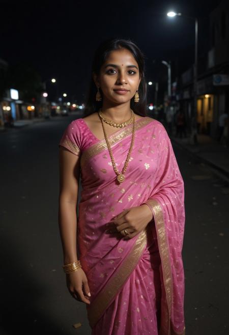 portrait of a indian woman wearing pink pattern sari and gold jewellery, walking in a street at night, street lights, dramatic colors, dramatic lighting, professional photography, 8K, 4k, high quality, background blur,