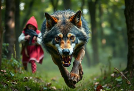 a real life photo from black forest:
a fleeing wolf with a frightened face,
in the background Little Red Ridinghood firing an assault rifle
