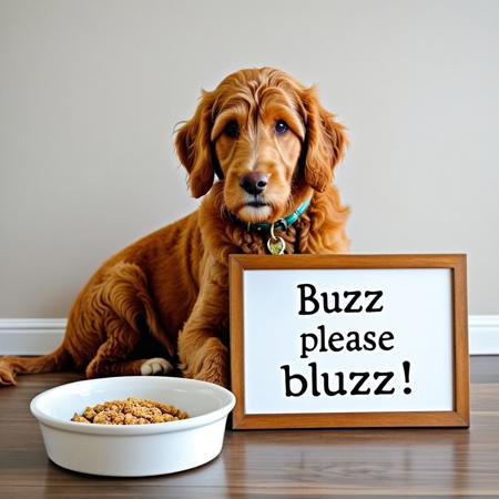 Golden doodle next to an (((empty))) dog bowl holding a sign with text "buzz please", buzz