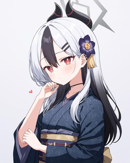 kayoko \(blue archive\),1girl, solo, obi, horns, halo, hairclip, black_kimono, looking_at_viewer, heart, official_alternate_costume, closed_mouth, wide_sleeves, hair_down, black_choker, ear_piercing, long_sleeves, white_background, simple_background, upper_body, earclip, hair_flower, alternate_hairstyle, blush, white_pupils, hand_up
<lora:kayoko_(blue_archive)_image350_batch3_v1-000045:1>,halo,. gorgeous,key visual, vibrant, studio anime,award-winning, professional, highly detailed,high budget, cinemascope