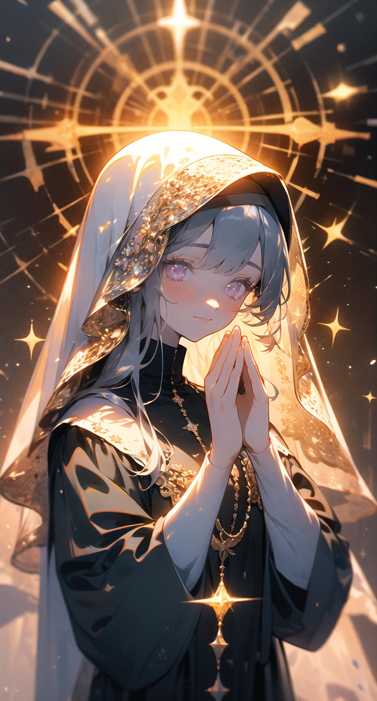 A beautifully drawn image of a woman in a nun's outfit praying with a veil on her head.