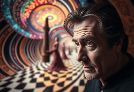 surreal, illusionary depth, tilted angles, dreamlike, psychedelic, subconscious artistry, extreme detail, HDR, Bokeh, UHD, portrait, dramatic lighting, famous artwork, Salvador Dali, M.C. Escher, optical illusion, vibrant colors, abstract, conceptual, otherworldly, trending on ArtStation, professional photograph, high quality