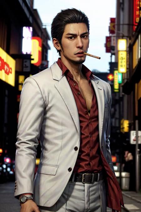 1boy, solo, kazuma kiryu, ryu ga gotoku, yakuza, (black hair, brown eyes, short hair:1.25), (spiked hair:1.3), thick eyebrows, (goatee, beard:1.35), (collared shirt, white suit:1.35), jewelry, necklace, chest hair, wristwatch, mature male, manly, muscular, upper body, looking to viewer, walking, in the streets of Okinawa, holding cigarrette, smoking, (realistic:1.5), (cinematic color, color accuracy:1.45), (masterpiece, best quality:1.5), extremely detailed, high resolution, 8k uhd unity wallpaper, <lora:Kazuma Kiryu:0.7>