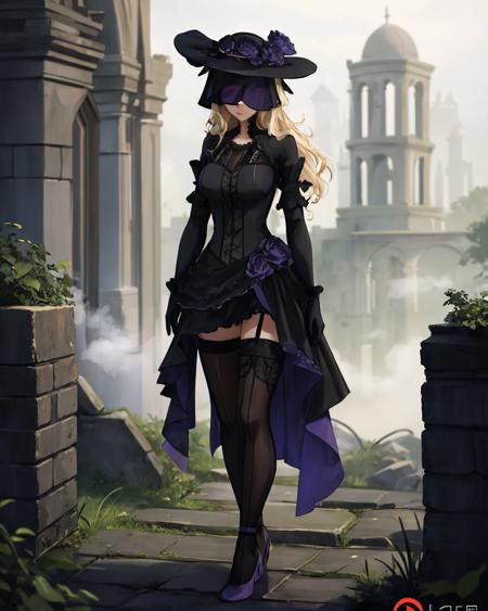 best quality, (masterpiece:1.2), illustration, absurdres,
(1girl), (solo), (beautiful detailed girl), full body shot,
<lora:Lucrezia-08:0.8>, Lucrezia Isselee, blond hair, long hair, purple eyes, eyes behind veil,
black and purple dress, gothic dress, black hat, gothic hat, veil, , black lace, black thighhighs, purple high heels,
magical forest, flowers, mushrooms, (mist:1.1), ancient ruins, stone ruins,