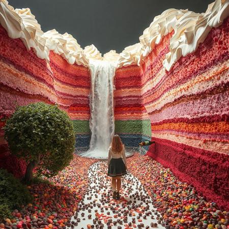 at the bottom of the multi color cake valley. a woman walking approaching wall of cake and tasting. The valley is made from cake and melting cream. between towering, huge cake and huge topping cream. canyon of giant layered cake. bush created from sparkling candies. chocolate chip pebbles spread along the path. A Bottle pouring a wine waterfall.