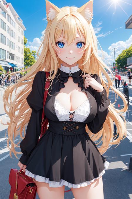 cat girl, fake cat ear, 1girl, top half body, breasts, looking at viewer, blushes, blue eyes, long hair, blonde hair, smile, daytime, sun rays, outside, black and red dress, leaning <lora:GoodHands-beta2:1>, portrait of an anime person, aesthetic, wlop, trending on artstation, deviantart, anime key visual, 8k uhd