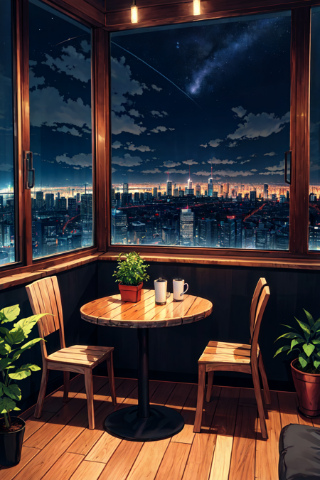 building, chair, city, city lights, cityscape, cloud, cup, indoors, night, night sky, no humans, plant, potted plant, scenery, sky, skyscraper, table, window, wooden floor