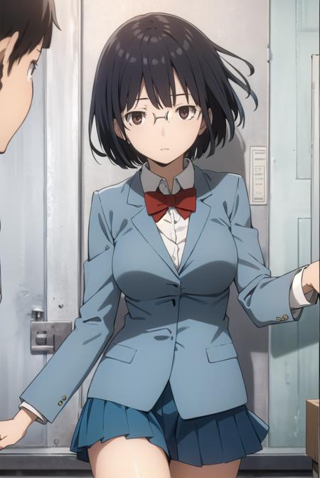 anrisonohara, <lora:anri sonohara s1-lora-nochekaiser:1>,
anri sonohara, short hair, black hair, (brown eyes:1.3), glasses, bob cut,
BREAK skirt, school uniform, shirt, white shirt, collared shirt, blazer, blue blazer, bow, red bow, blue skirt,
BREAK indoors, classroom,
BREAK looking at viewer, (cowboy shot:1.5),
BREAK <lyco:GoodHands-beta2:1>, (masterpiece:1.2), best quality, high resolution, unity 8k wallpaper, (illustration:0.8), (beautiful detailed eyes:1.6), extremely detailed face, perfect lighting, extremely detailed CG, (perfect hands, perfect anatomy),