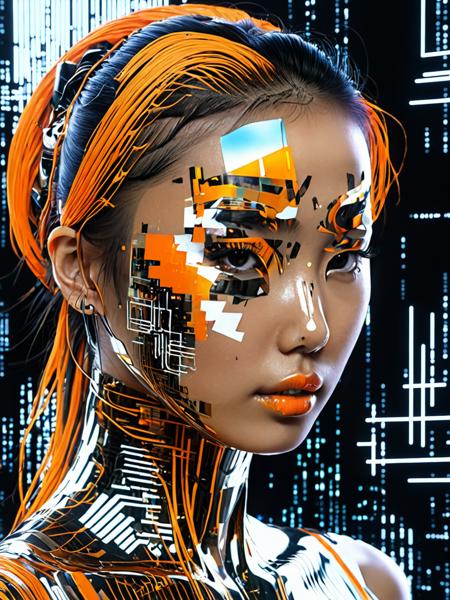 hyperrealism:  Asian woman, digital art, hologram, bigdata, high technology, sound wave, digital landscape, neural network, (Humanoid:1.2), reflection, masterpiece, 8k UHD resolution, high quality, professional photography, closed up,  black and orange color tones, wabi-sabi art, abstract , punk collage , (urbanpunk:1.1), flowerpunk, random textures, random graffiti strokes, kanji characters, surreal artwork, Impermanence<lora:add-detail-xl:1.0>
