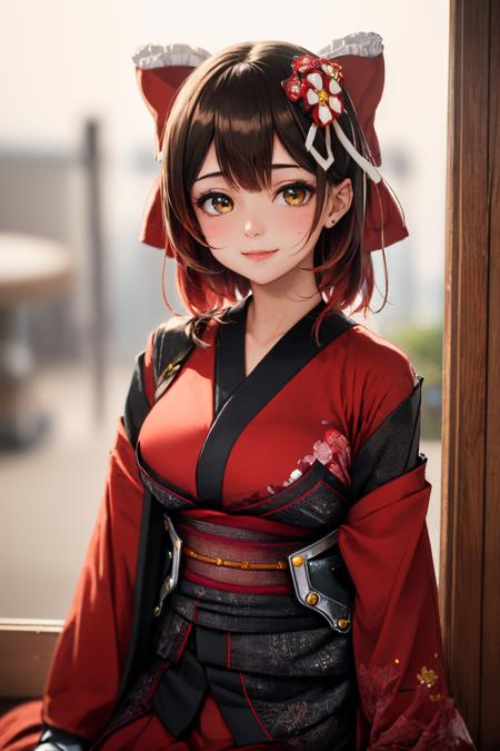 (masterpiece, best quality:1.2), solo, 1girl, roboconewyr, android, smile, looking at viewer, seiza, hair ornament, hair bow, japanese clothes, red kimono, sash, obi <lora:hololive_roboco-san-10:1>