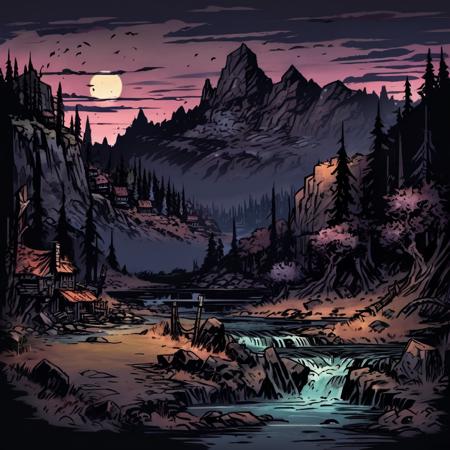 high-definition 8k comicish artwork in dgst artstyle of a mountain river landscape during a dark pitch black night