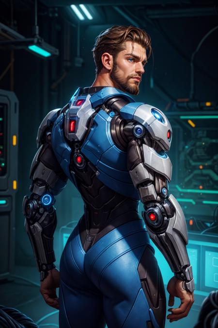 male cyborg with glowing mechanical parts, intricate mechanical details, glowing mechanical joints, wire, cable, science fiction, headshot portrait, upper chest, futuristic fantasy background, sleek futuristic design, looking at viewer, beard, from behind,, best quality, masterpiece, realistic, cinematic composition, (detailed background), depth of field, intricate details, 8k, detailed skin texture, detailed face, realistic eyes, male focus, photo of a man,