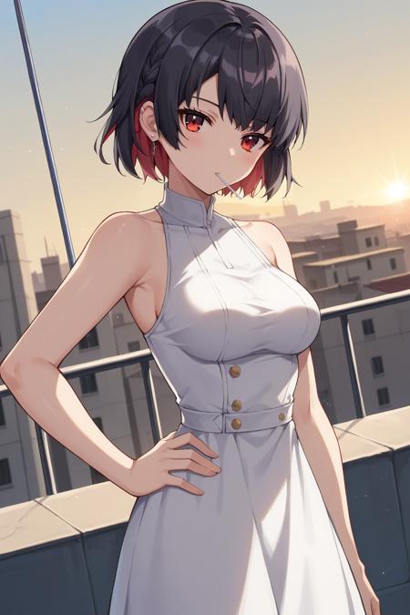 KJOellen, short hair, multicolored hair, black hair, red eyes, ear piercing, sharp teeth, 