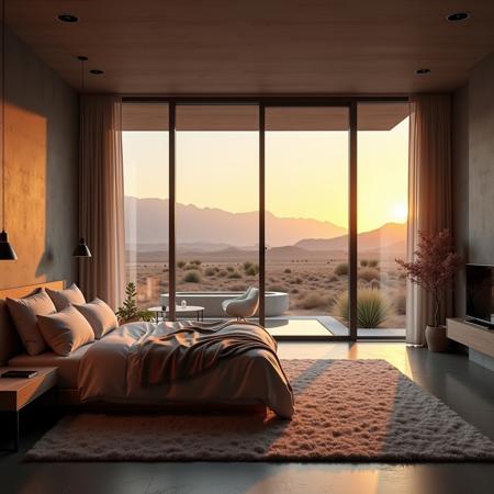 professional photo of creative modern bedroom, natural light through large windows, dry arid desert views, realistic, warm sunset, high resolution, high quality, best quality, (masterpiece), extremely detailed, soft fluffy rugs, low backed couches, dark walls, windows open, fountain, water feature