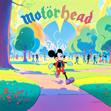 Disney animation style mickey mous, walking in a park, motörhead_cover, record cover, ,,. Bright colors, fluid motion, charming characters, wholesome storytelling, hand-drawn animation