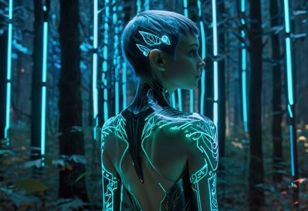 cybernetic elf, elegant, bioluminescent forest, neon lights, fiber optic leaves, intricate circuit-board tattoos, glowing, simple attire, night, cinematic composition, ultra detailed, high quality