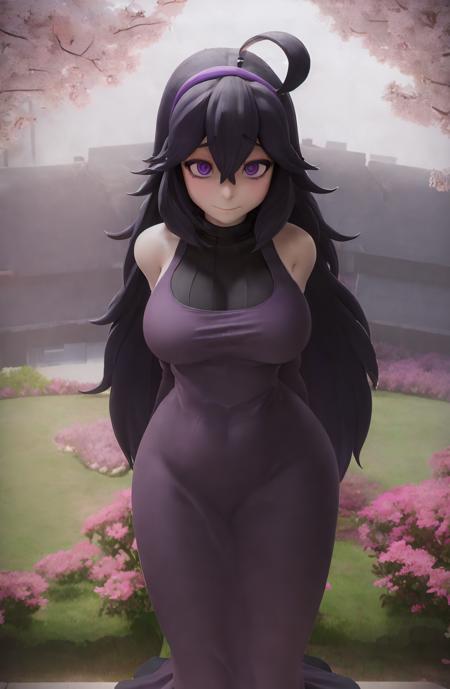 masterpiece, best quality, highres, aahex, hex maniac \(pokemon\), long hair, ahoge, purple hairband, purple eyes, @_@, large breasts, long dress, black dress, long sleeves,  cherry blossoms, arms behind back, outdoors, <lora:fugtrup Style:0.8>,  <lora:hex_maniac_v1:1>