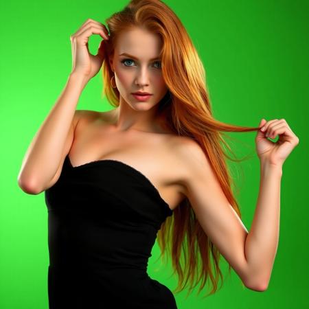 a beautiful ginger girl in erotic pose, small black dress,chroma green background